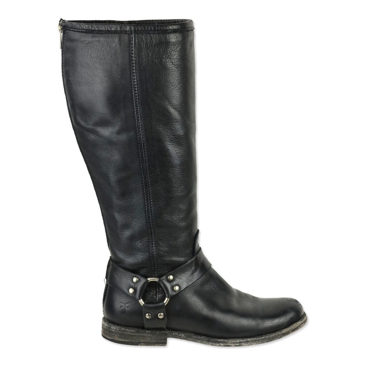 Frye Phillip Black Leather Back Zipper Harness Riding Boots