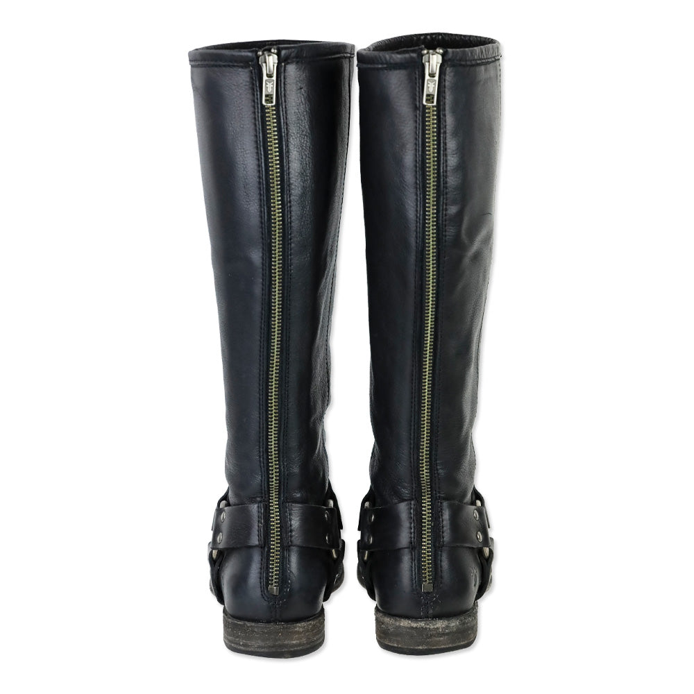 Frye Phillip Black Leather Back Zipper Harness Riding Boots