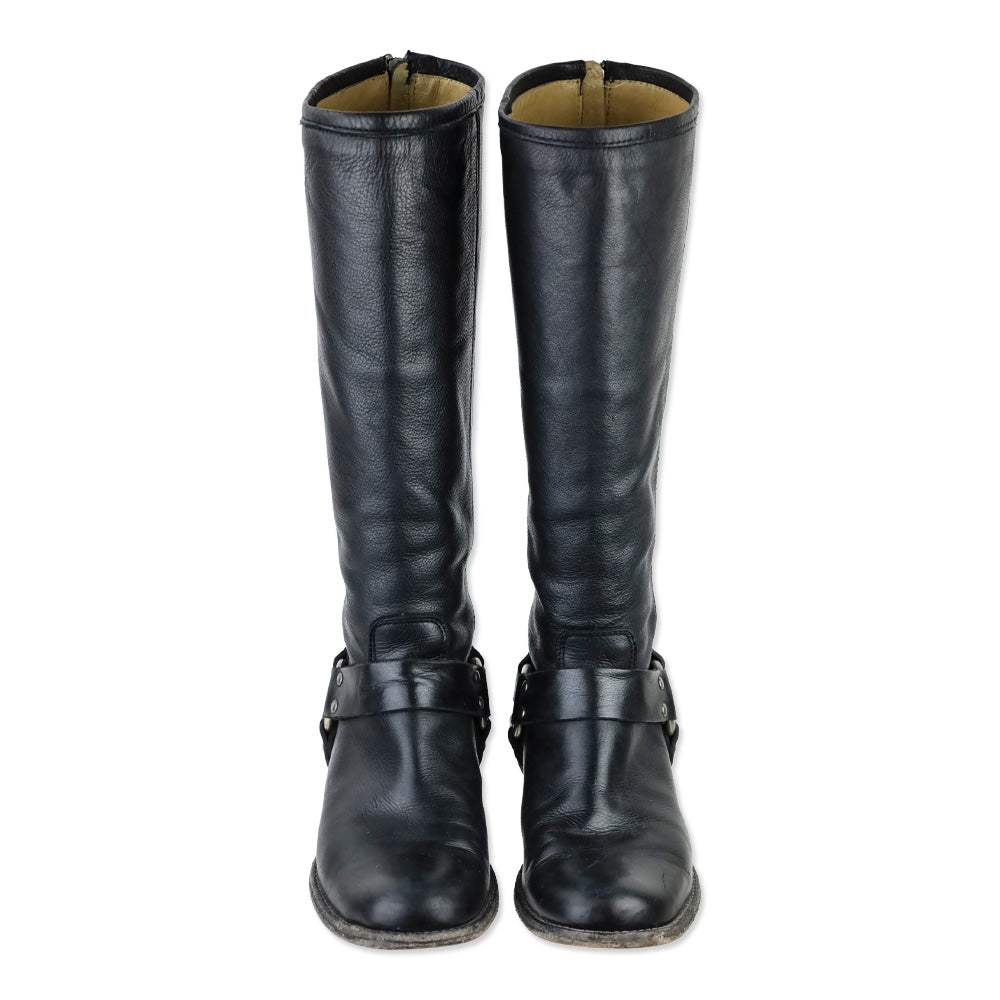 Frye Phillip Black Leather Back Zipper Harness Riding Boots