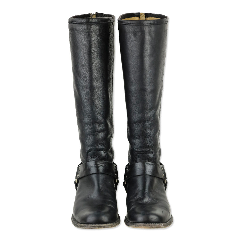 Frye Phillip Black Leather Back Zipper Harness Riding Boots