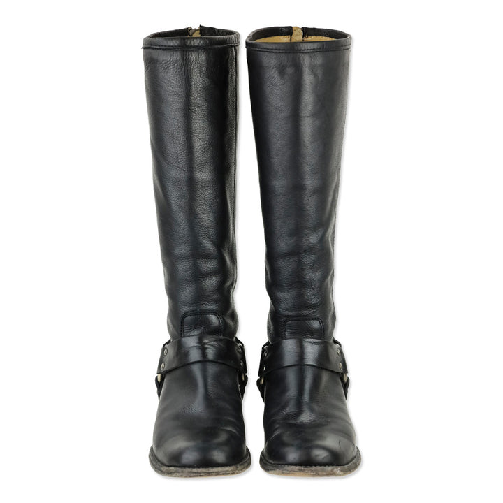 Frye Phillip Black Leather Back Zipper Harness Riding Boots