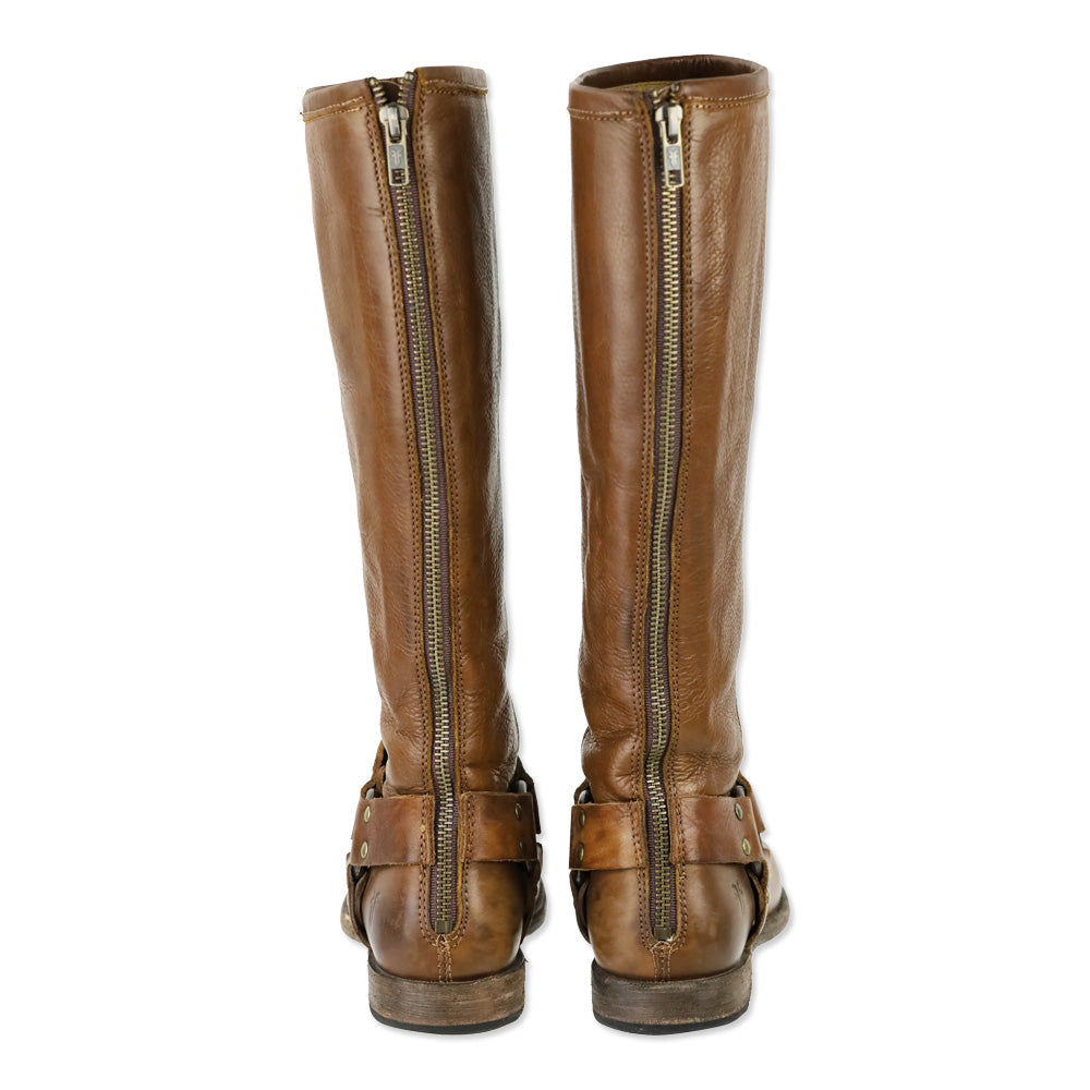 Frye Phillip Brown Leather Back Zipper Harness Riding Boots