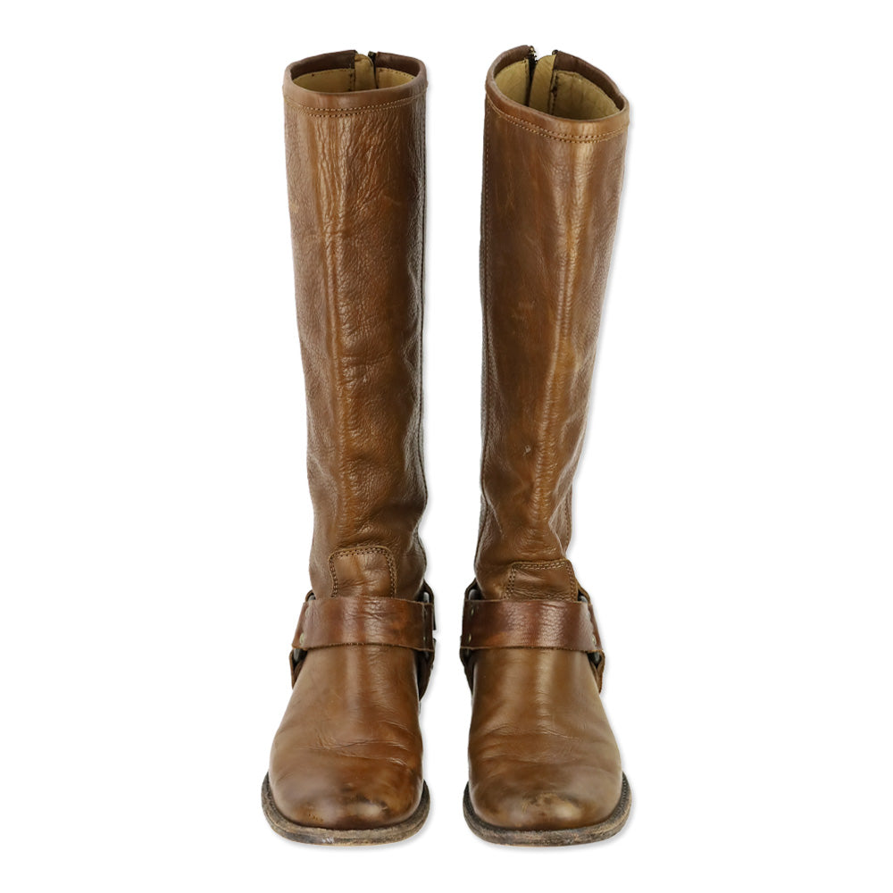 Frye Phillip Brown Leather Back Zipper Harness Riding Boots