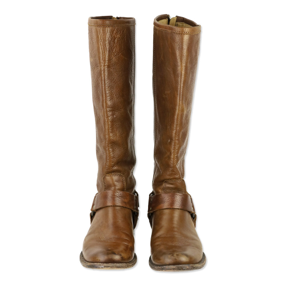 Frye Phillip Brown Leather Back Zipper Harness Riding Boots