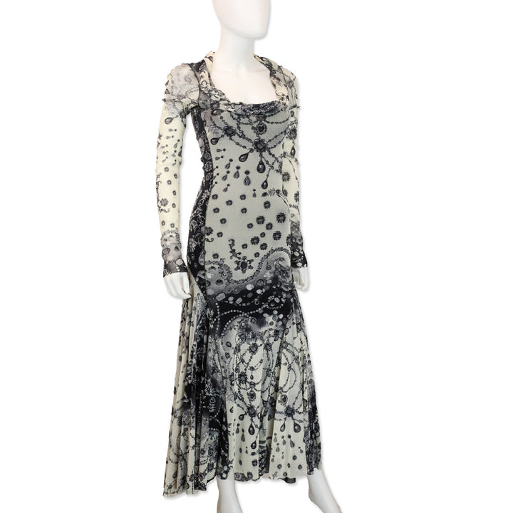Fuzzi Ivory/Black Mesh Jewelry Print Long Sleeve Maxi Dress