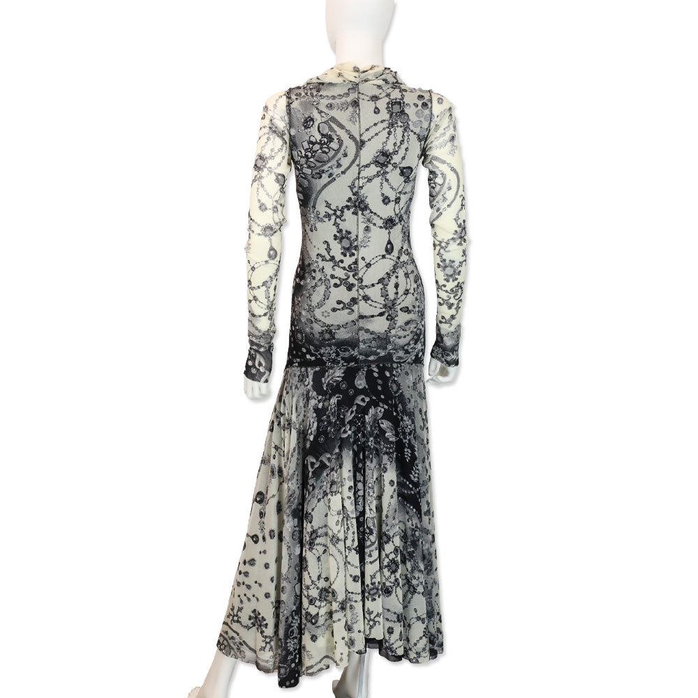 Fuzzi Ivory/Black Mesh Jewelry Print Long Sleeve Maxi Dress