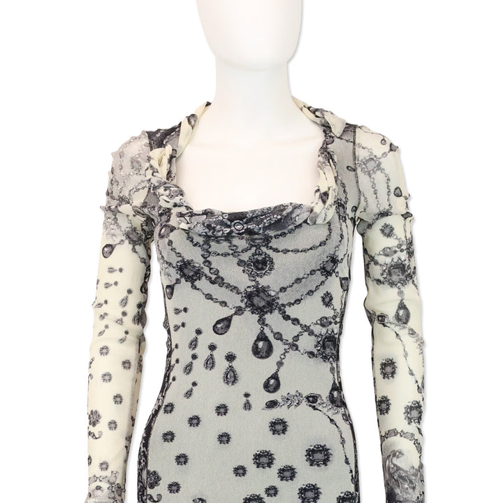 Fuzzi Ivory/Black Mesh Jewelry Print Long Sleeve Maxi Dress