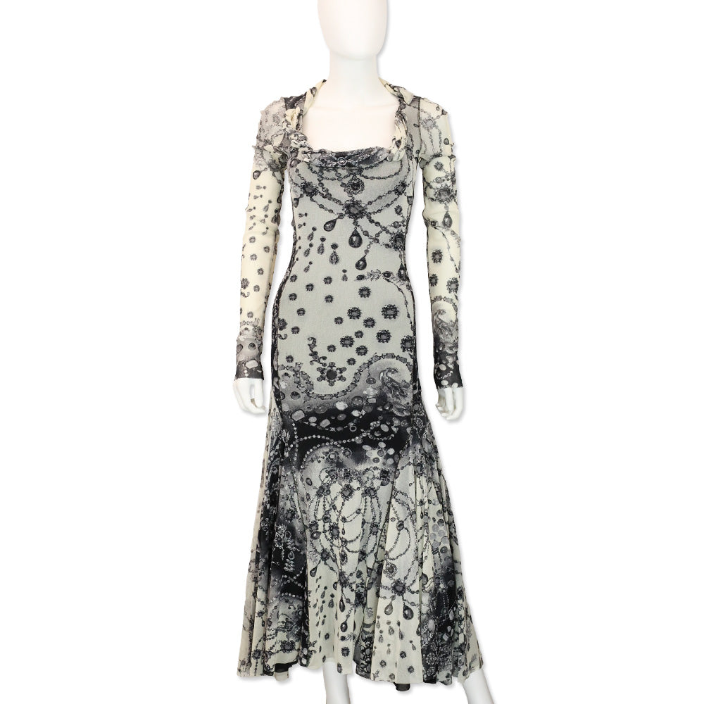 Fuzzi Ivory/Black Mesh Jewelry Print Long Sleeve Maxi Dress