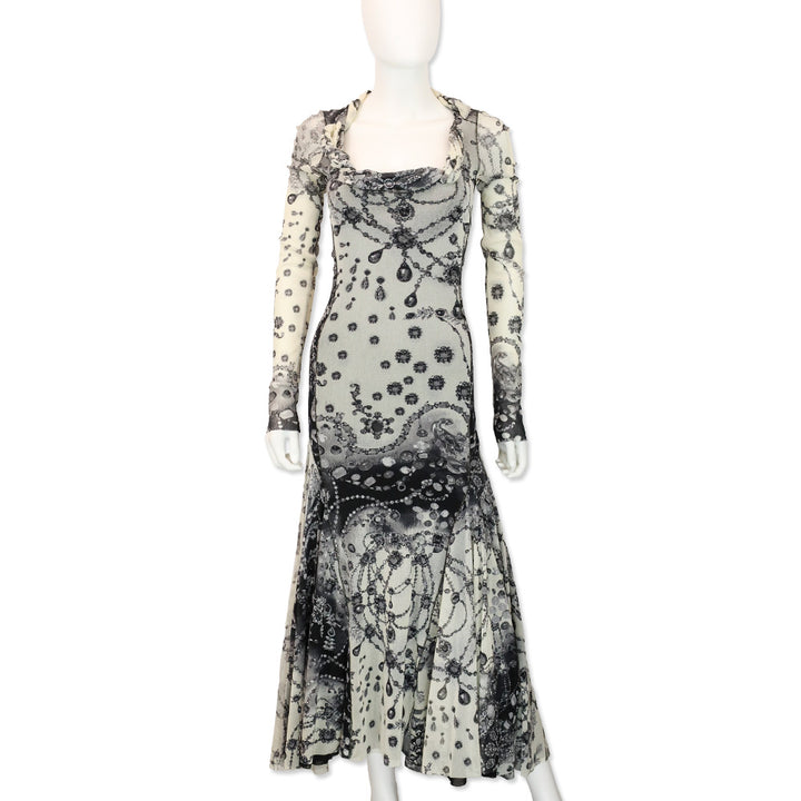 Fuzzi Ivory/Black Mesh Jewelry Print Long Sleeve Maxi Dress