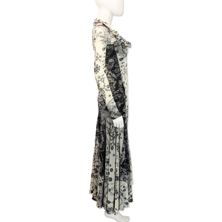 Fuzzi Ivory/Black Mesh Jewelry Print Long Sleeve Maxi Dress