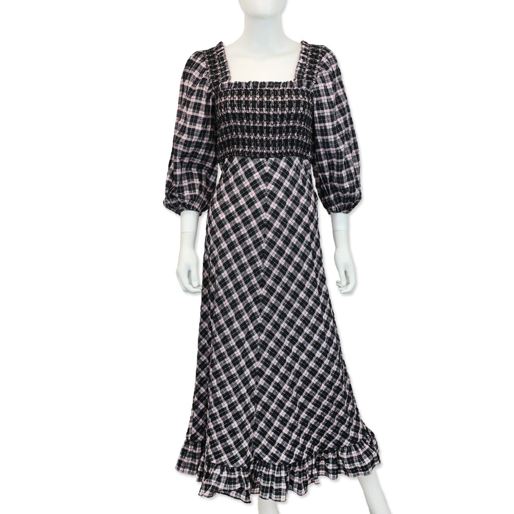 ganni maxi dresses Ganni Black/Lilac Check Cotton-Blend Smocked Seersucker Maxi Dress