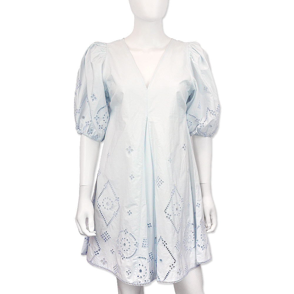 ganni blue and white dress Ganni Illusion Blue Cotton Broderie Anglaise Puff Sleeve Mini Dress