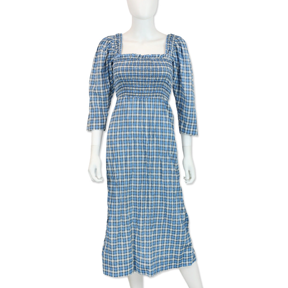 Ganni Seersucker Blue Check Cotton-Blend Shirred Midi Dress | DBLTKE Luxury Consignment Boutique Ganni Seersucker Blue Check Cotton-Blend Shirred Midi Dress | DBLTKE Luxury Consignment Boutique