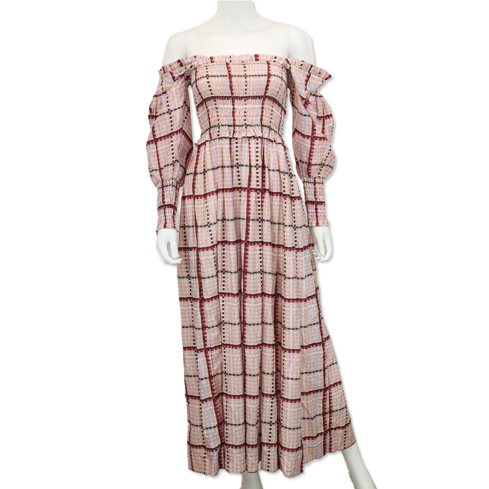 ganni pink dress Ganni Shirred Moonlight Mauve Pink Check Cotton-Blend Maxi Dress