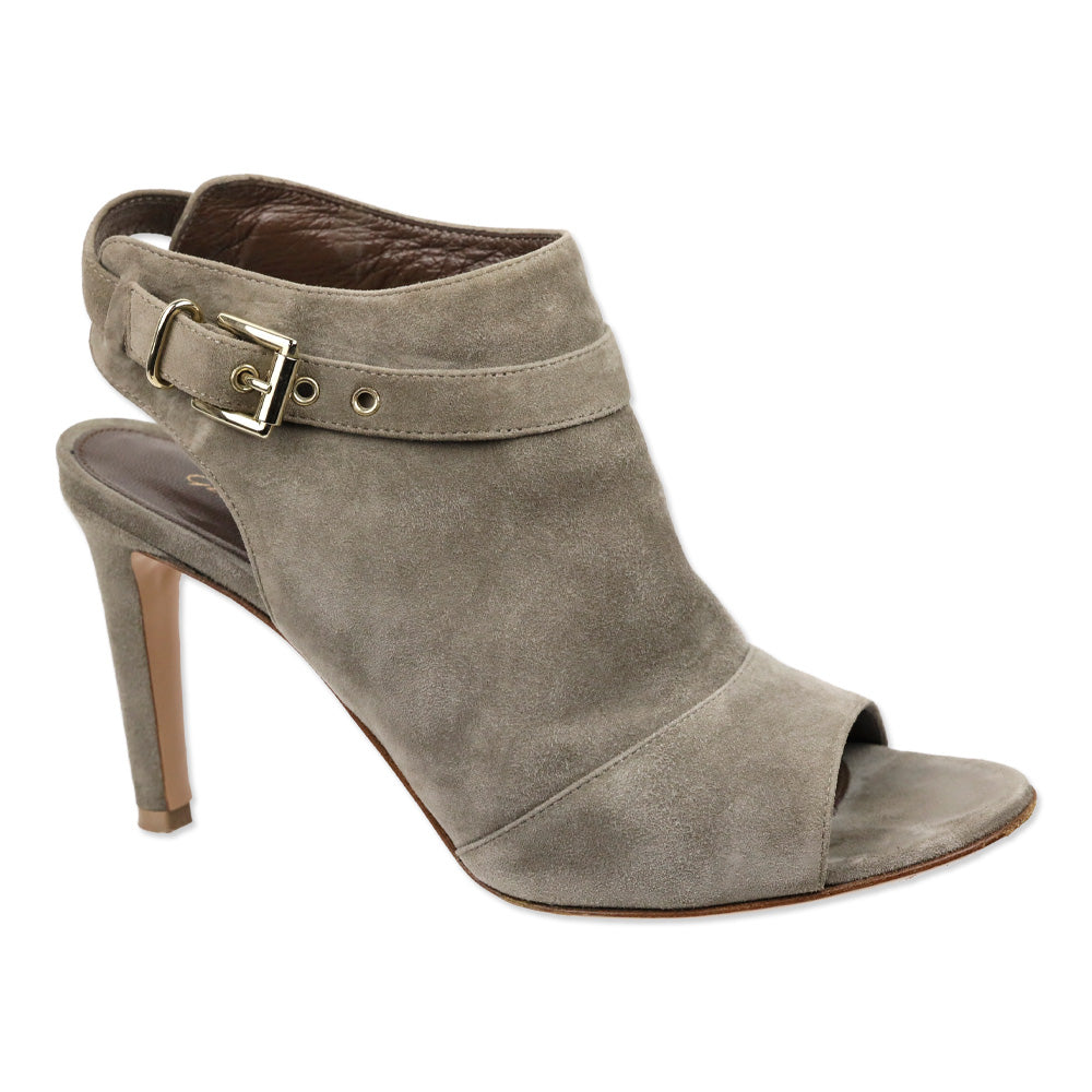 Gianvito Rossi Taupe Suede Open Toe Ankle-Strap Pumps