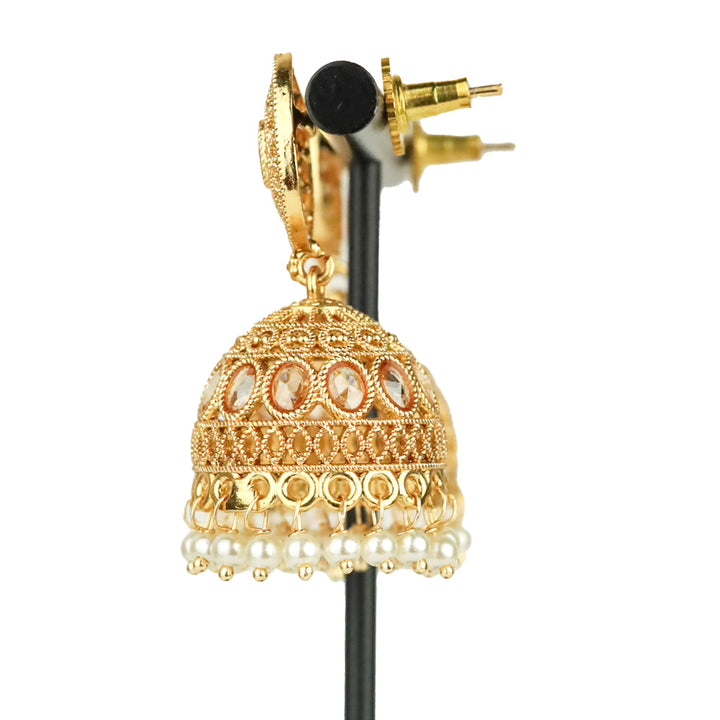 Gold-Tone Domed Pearl Tassel Jhumka Earrings
