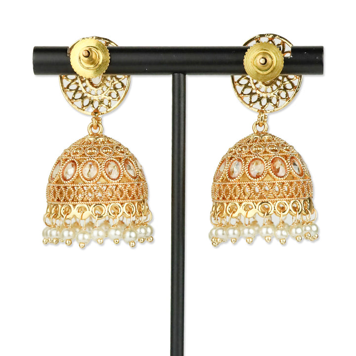 Gold-Tone Domed Pearl Tassel Jhumka Earrings