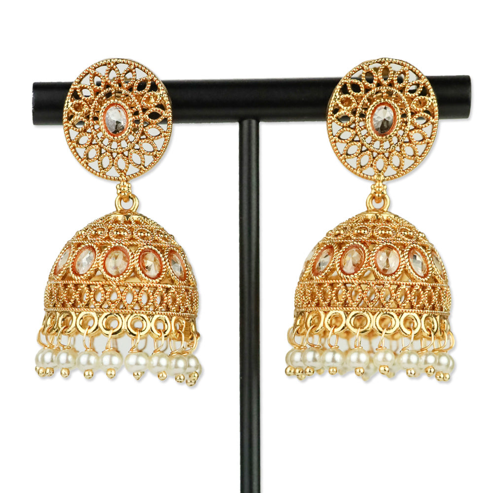 Gold-Tone Domed Pearl Tassel Jhumka Earrings