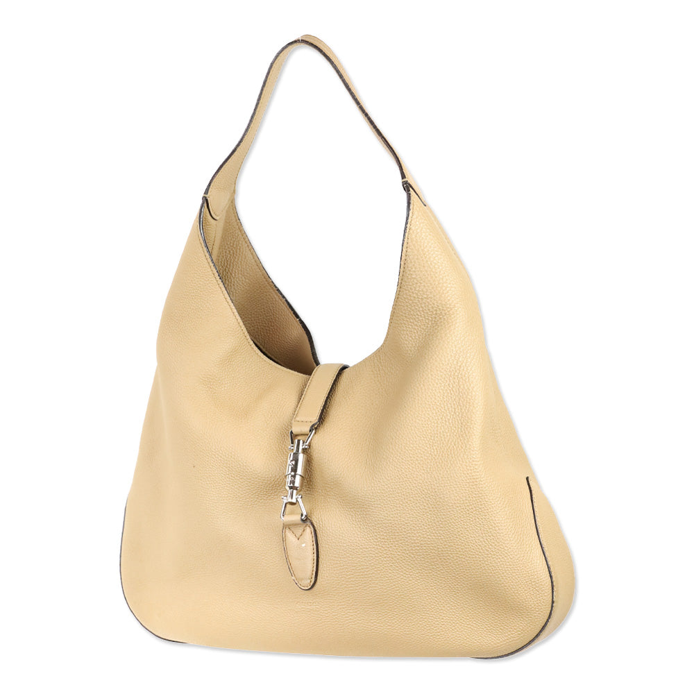 Gucci Beige Pebble Leather Piston Lock Soft Jackie Hobo Bag