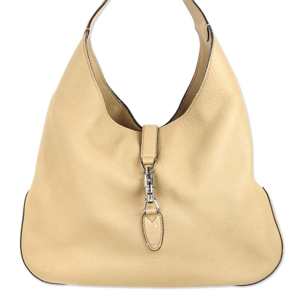 Gucci Beige Pebble Leather Piston Lock Soft Jackie Hobo Bag