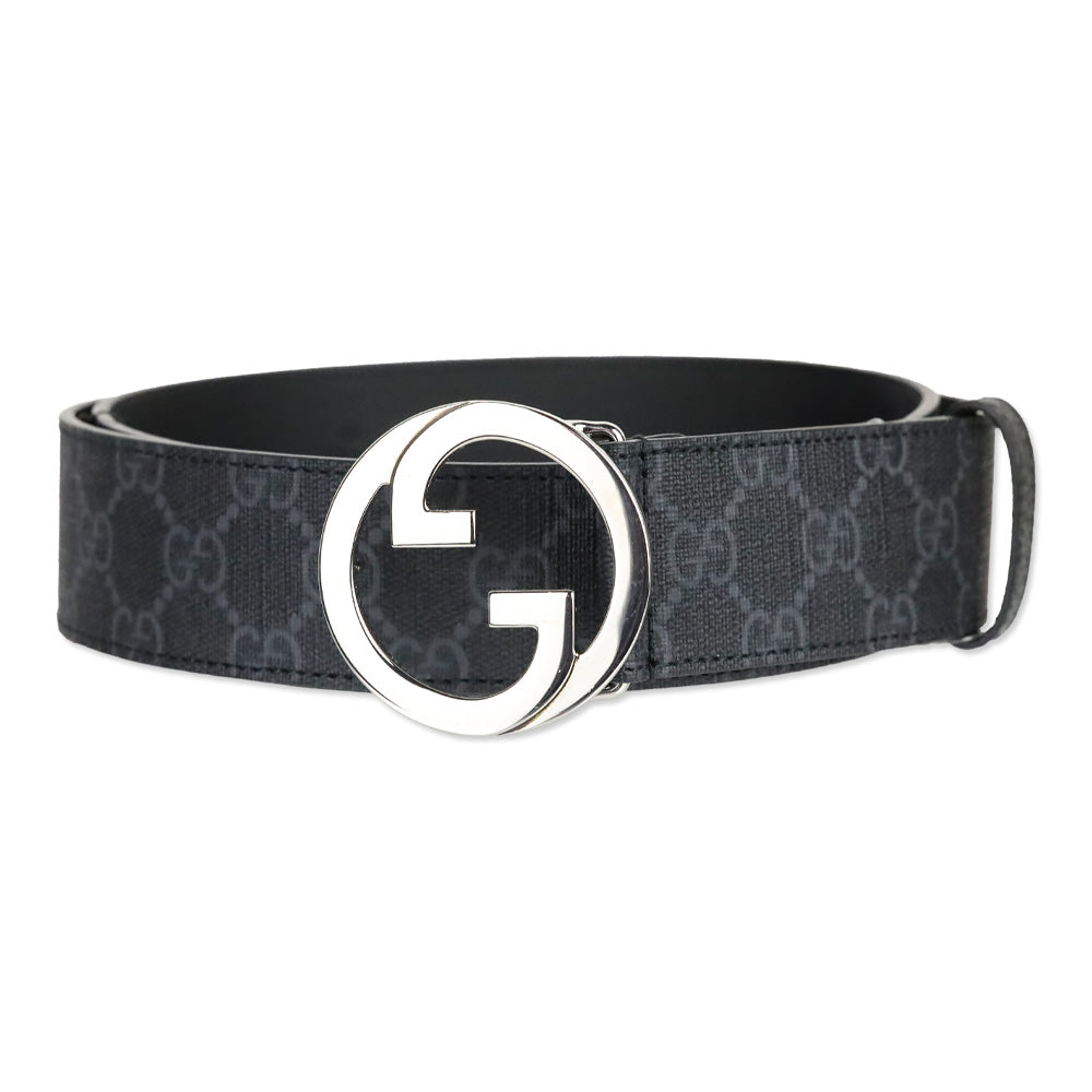 Gucci Black GG Supreme Canvas Belt with Silver Interlocking G Buckle
