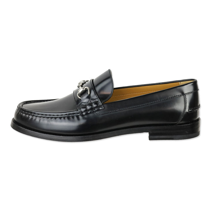 Gucci Black Leather Silver Horsebit Moc Toe Loafers