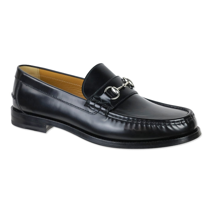 Gucci Black Leather Silver Horsebit Moc Toe Loafers