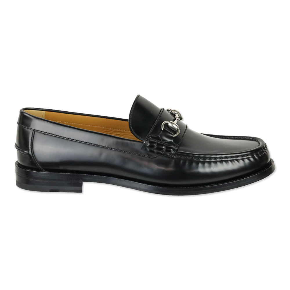 Gucci Black Leather Silver Horsebit Moc Toe Loafers