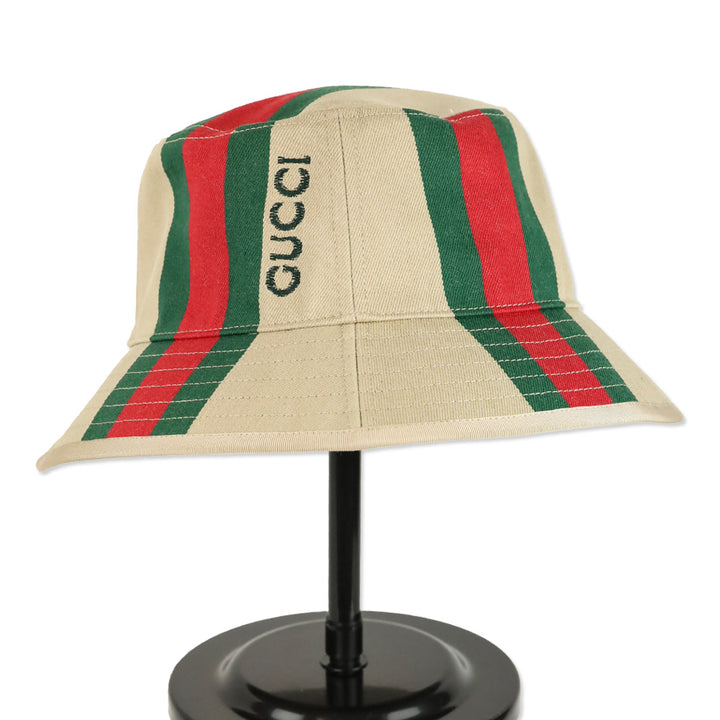 Gucci Camel Canvas Bucket Hat with Web Stripes