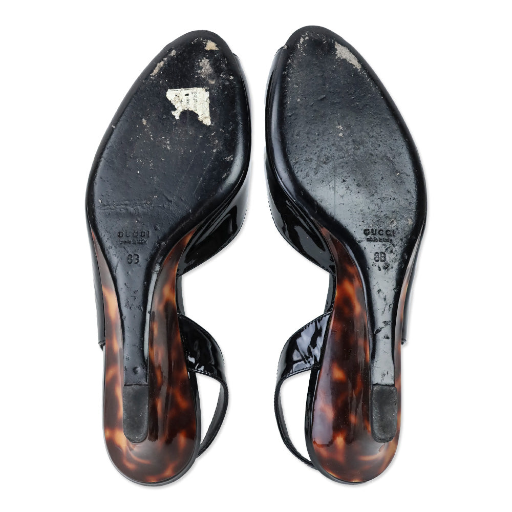 Gucci Black Patent Leather Slingback Wedge Pumps