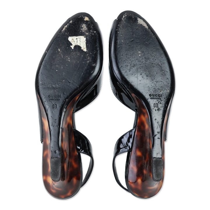 Gucci Black Patent Leather Slingback Wedge Pumps