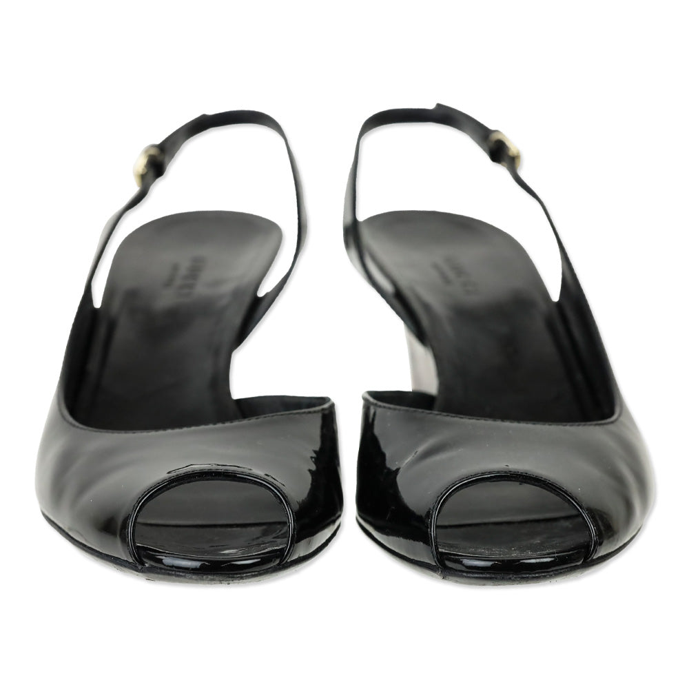Gucci Black Patent Leather Slingback Wedge Pumps