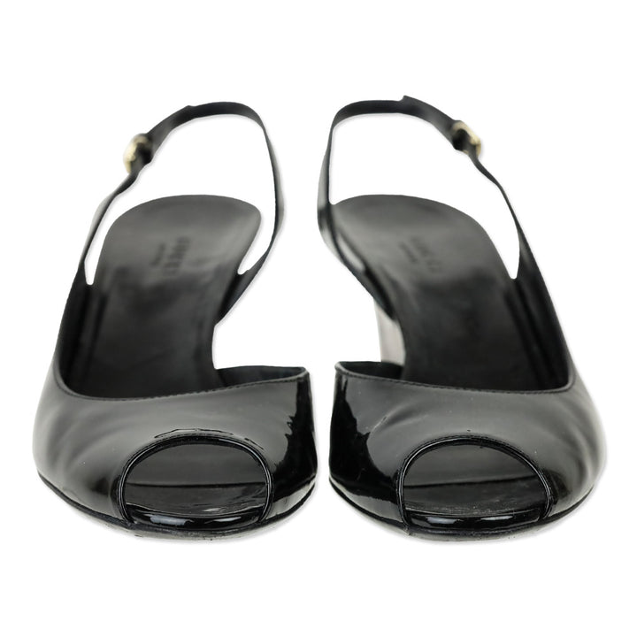 Gucci Black Patent Leather Slingback Wedge Pumps