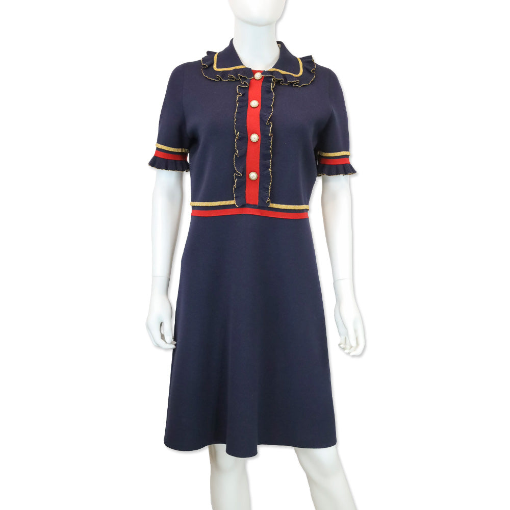 Gucci Navy Wool Knit Gold Ruffle Trim Short Sleeve Dress