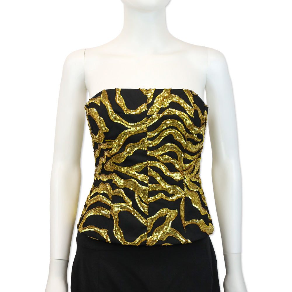 Halpern Black/Gold Vine Sequined Strapless Bustier Top DBLTKE