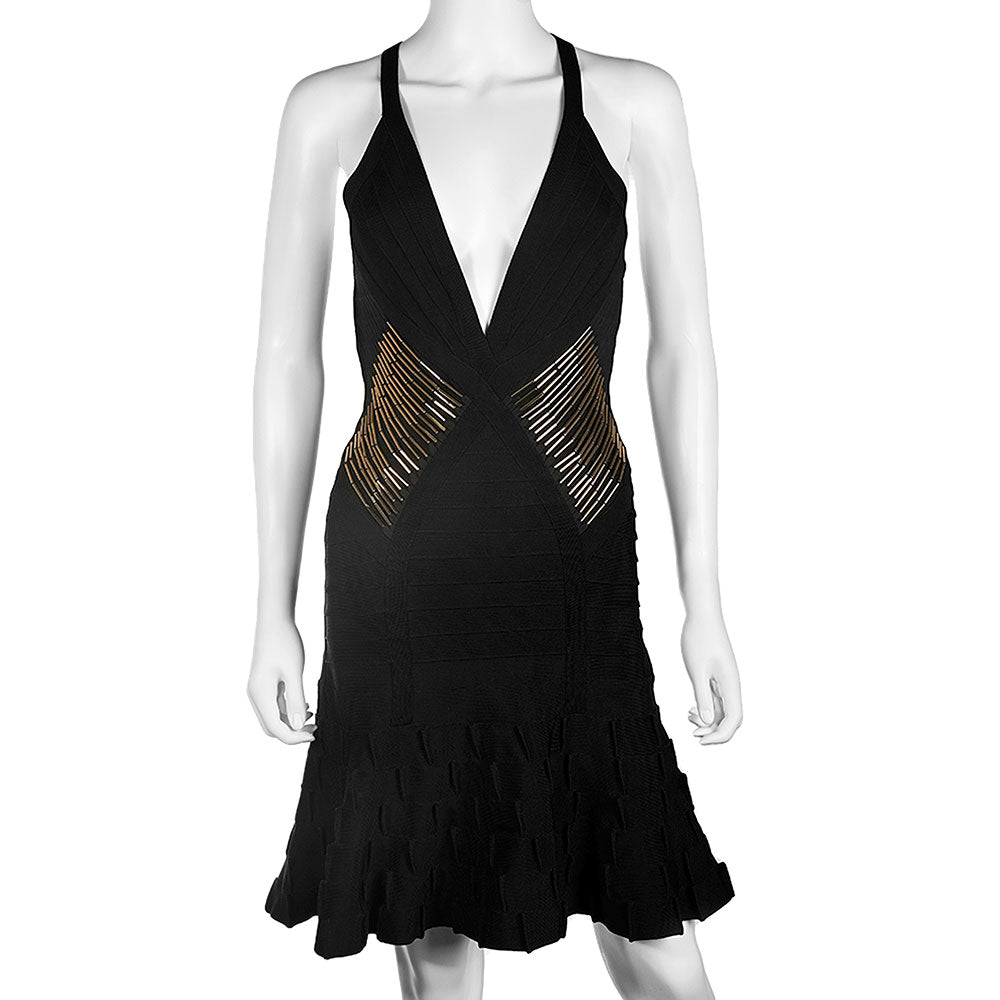 Herve Leger Black Gold Beaded Bandage Midi Dress | DBLTKE Luxury Consignment Boutique Herve Leger Black Gold Beaded Bandage Midi Dress | DBLTKE Luxury Consignment Boutique