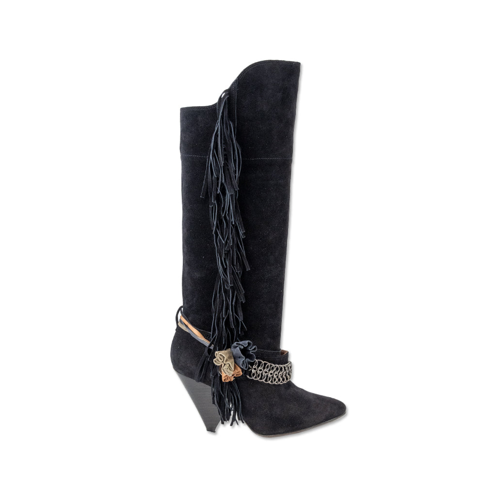 Isabel Marant Black Suede Fringe Calf Western Boots DBLTKE Luxury Consignment Boutique