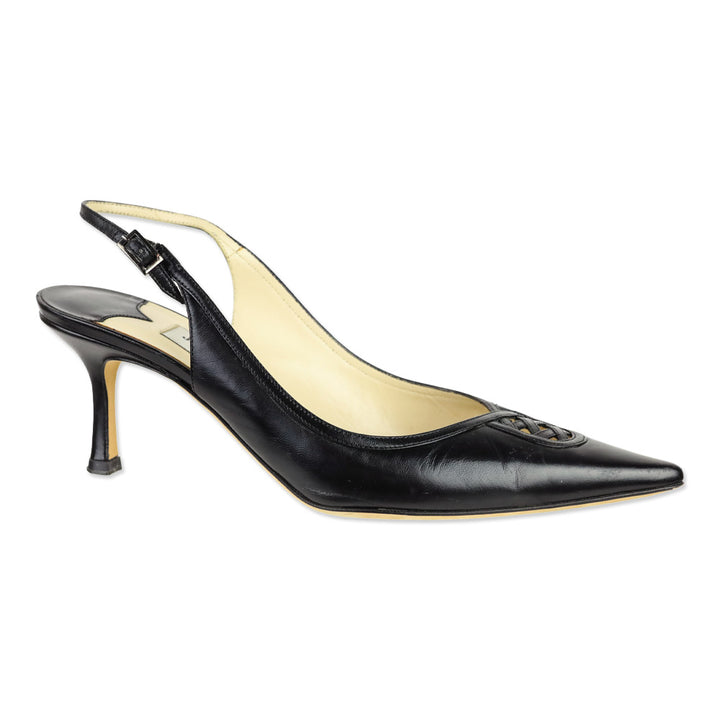 Jimmy Choo Black Leather Pointed Toe Lattice Detail Slingback Heels
