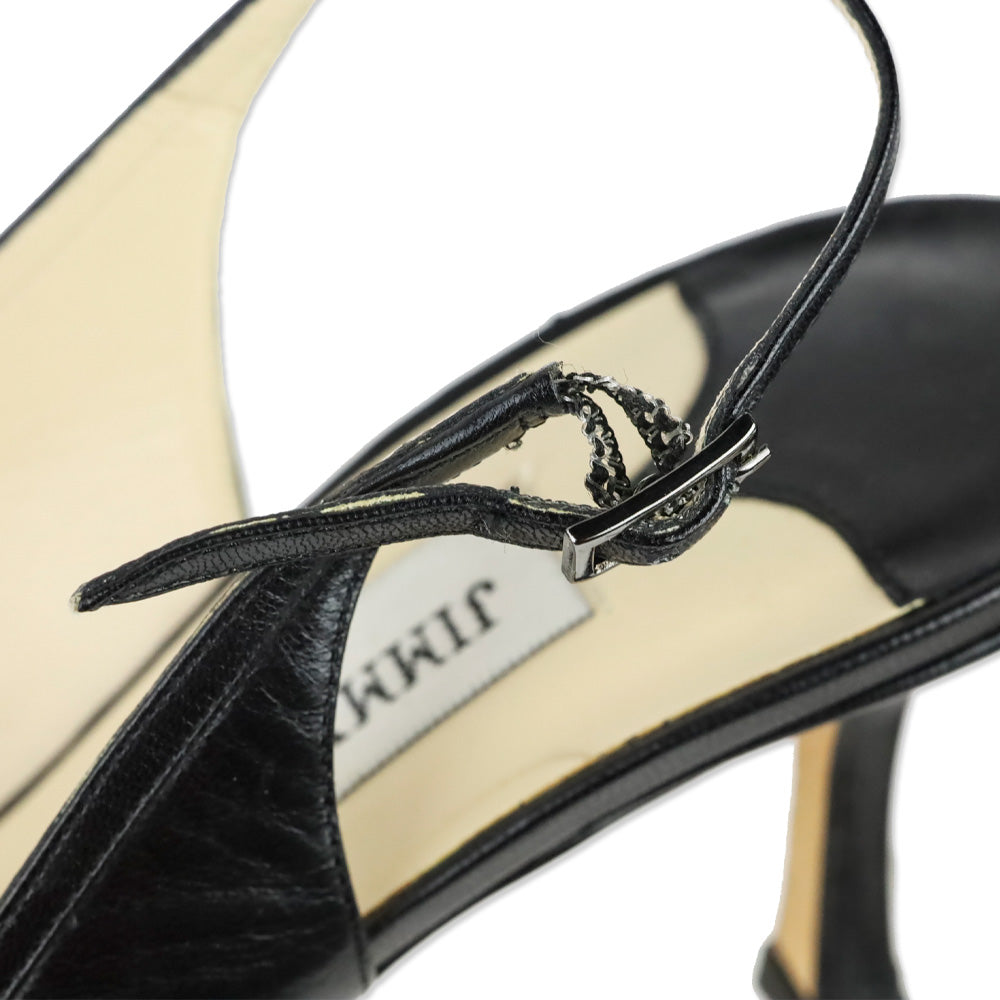Jimmy Choo Black Leather Pointed Toe Lattice Detail Slingback Heels