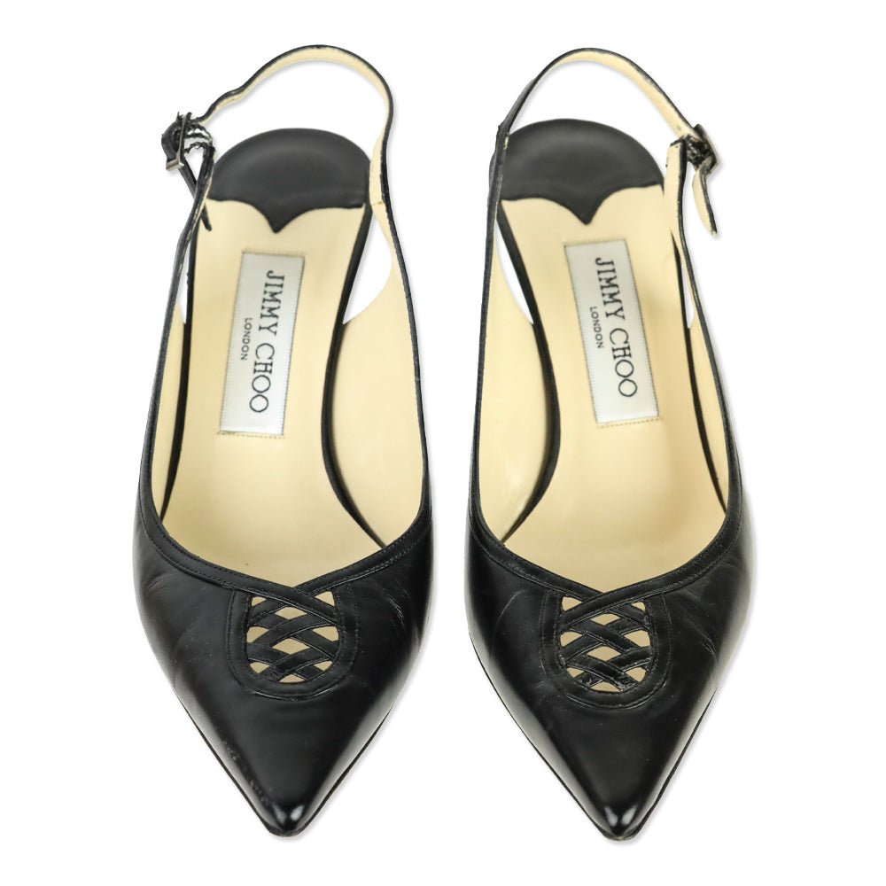 Jimmy Choo Black Leather Pointed Toe Lattice Detail Slingback Heels