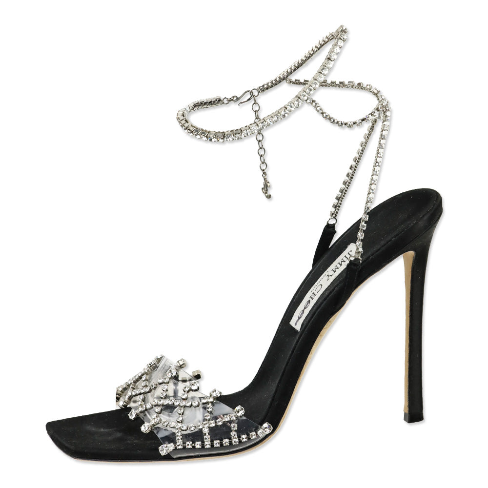 Jimmy Choo Black Satin Crystal-Embellished Ankle-Strap Sandal