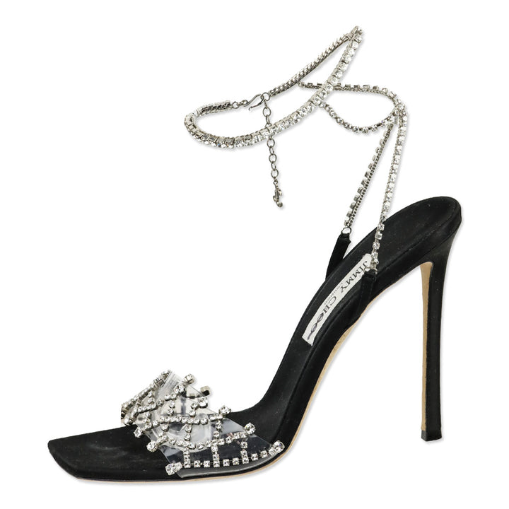 Jimmy Choo Black Satin Crystal-Embellished Ankle-Strap Sandal