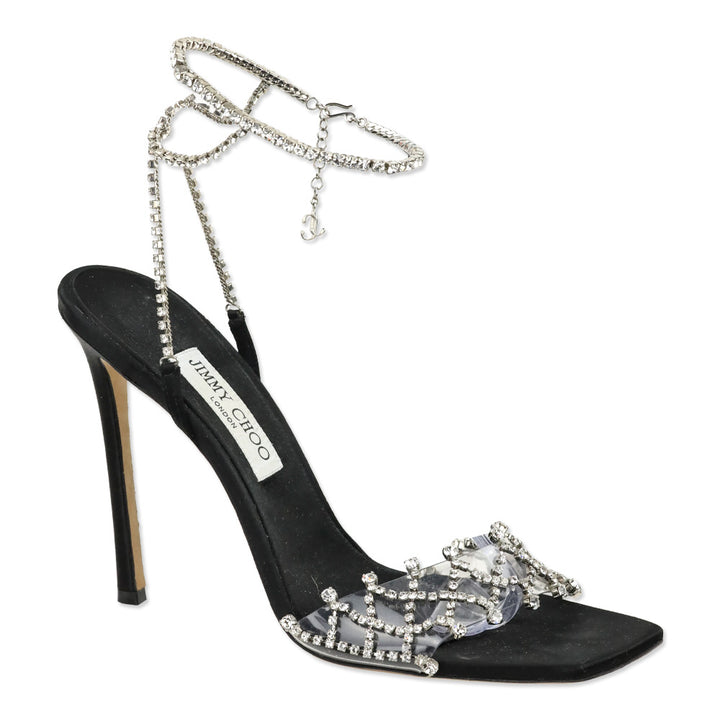 Jimmy Choo Black Satin Crystal-Embellished Ankle-Strap Sandal