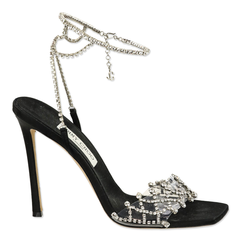 Jimmy Choo Black Satin Crystal-Embellished Ankle-Strap Sandal