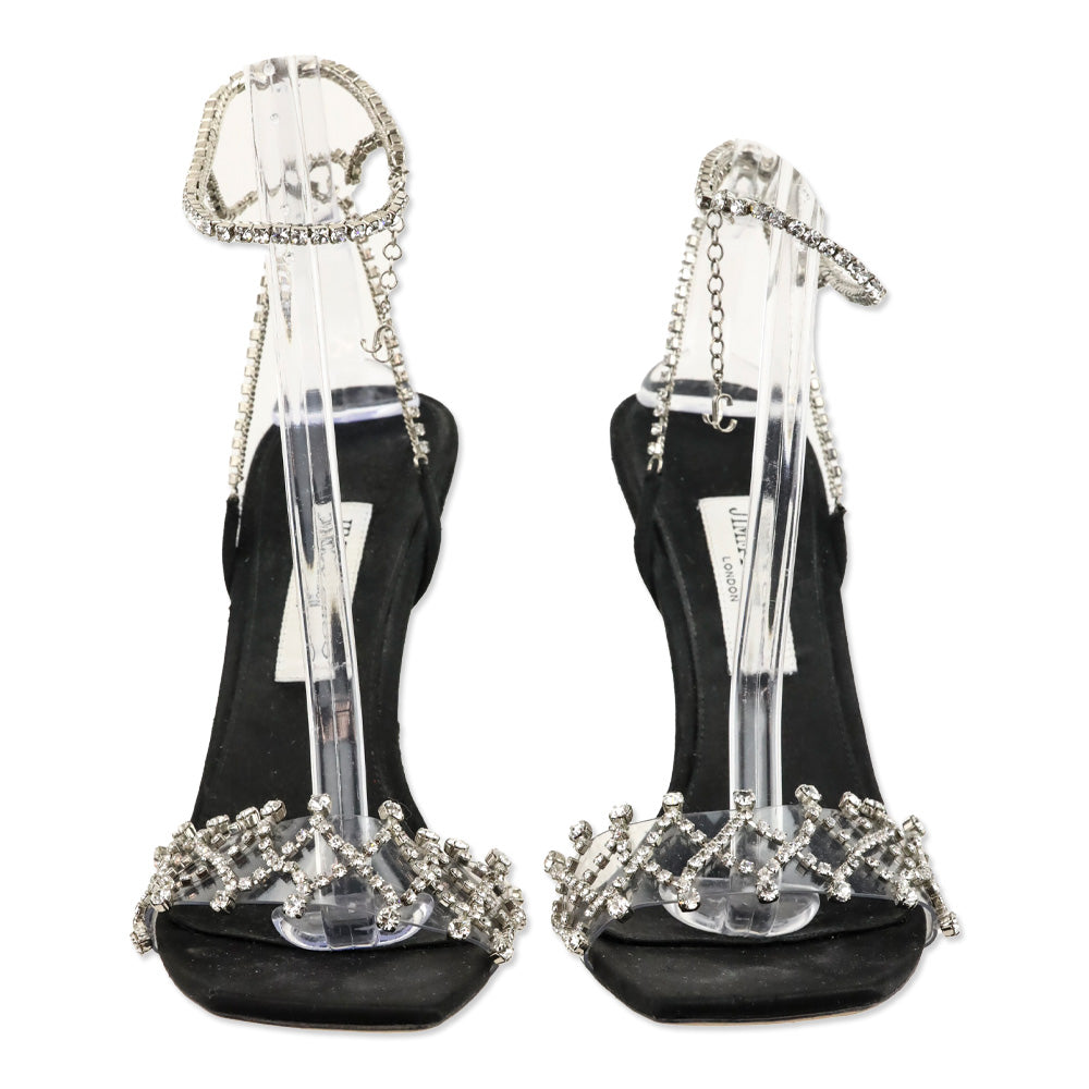 Jimmy Choo Black Satin Crystal-Embellished Ankle-Strap Sandal