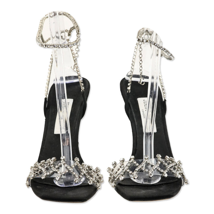 Jimmy Choo Black Satin Crystal-Embellished Ankle-Strap Sandal