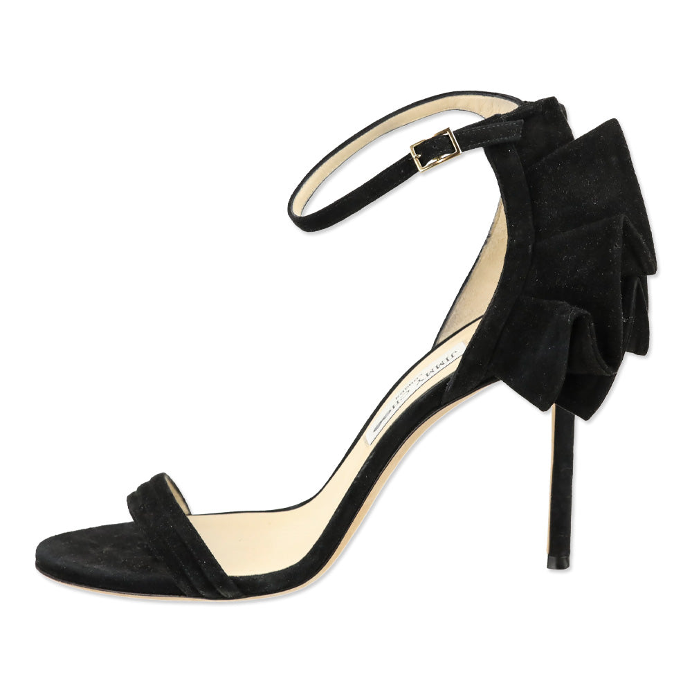 Jimmy Choo Black Suede Ruffle Accent Ankle-Strap D'Orsay Sandals