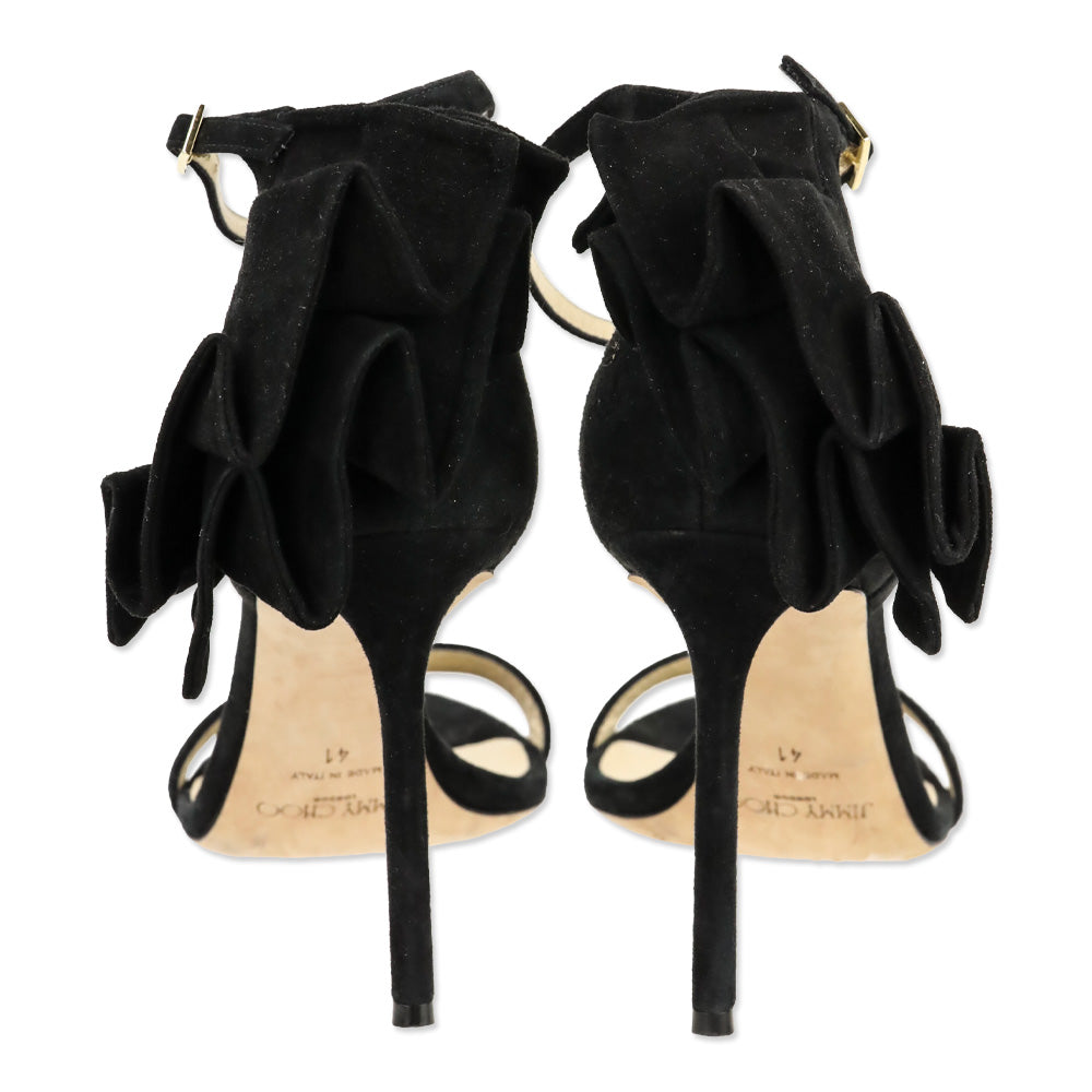 Jimmy Choo Black Suede Ruffle Accent Ankle-Strap D'Orsay Sandals