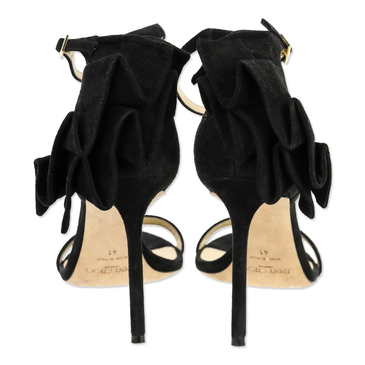 Jimmy Choo Black Suede Ruffle Accent Ankle-Strap D'Orsay Sandals
