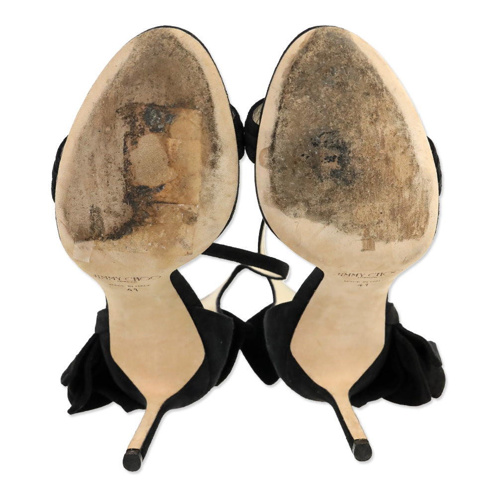 Jimmy Choo Black Suede Ruffle Accent Ankle-Strap D'Orsay Sandals